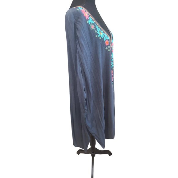 ONeill Boho Embroidered Tunic Top Swim Coverup M/L Navy Floral V-Neck Viscose - Picture 9 of 11